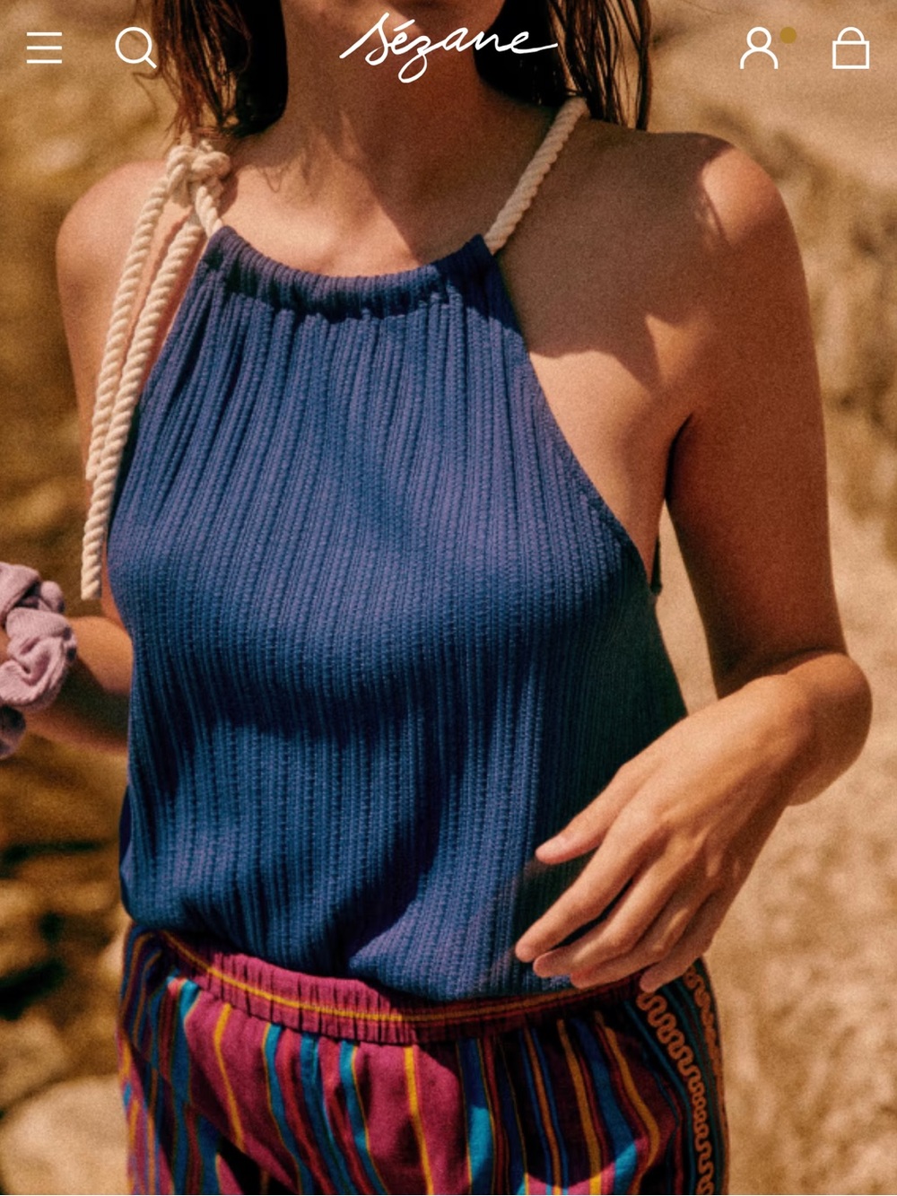 Sézane Blue Ribbed Halter Top with Rope Straps